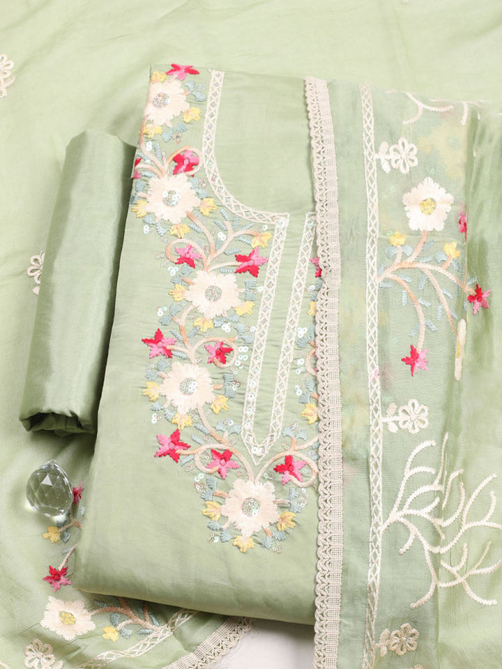 Embroidered Chanderi Unstitched Suit With Pant &amp; Dupatta