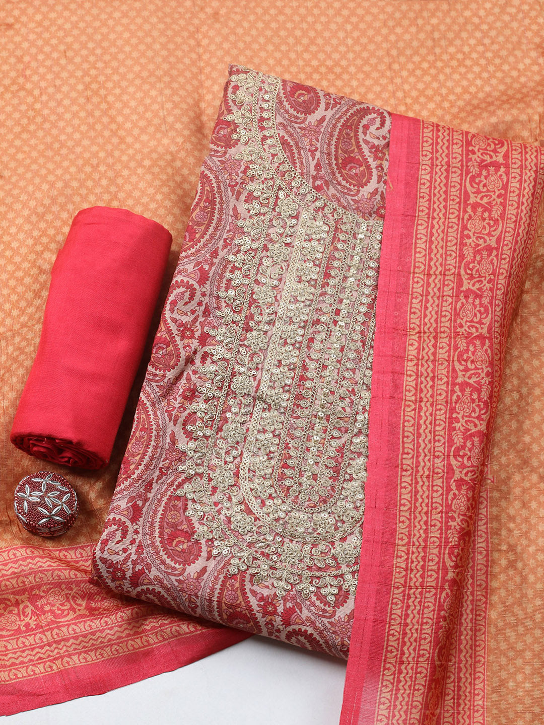 Embroidered Cotton Blend Unstitched Suit With Pant &amp; Dupatta