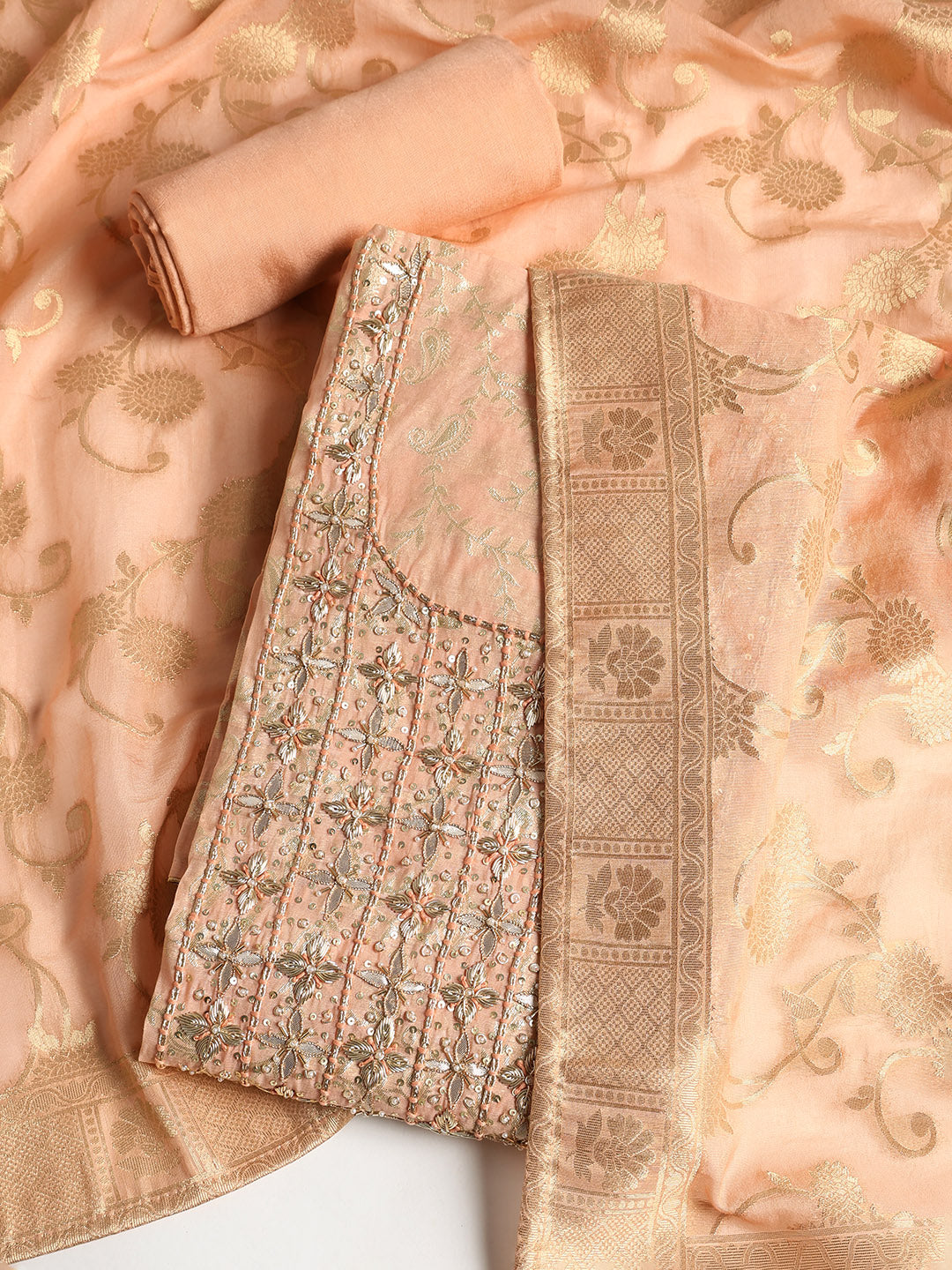 Embroidered Chanderi Unstitched Suit With Dupatta