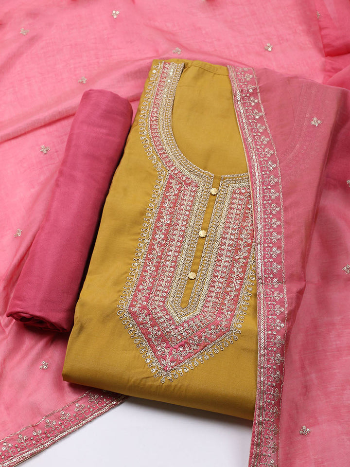 Neck Embroidered Chanderi Unstitched Suit With Dupatta
