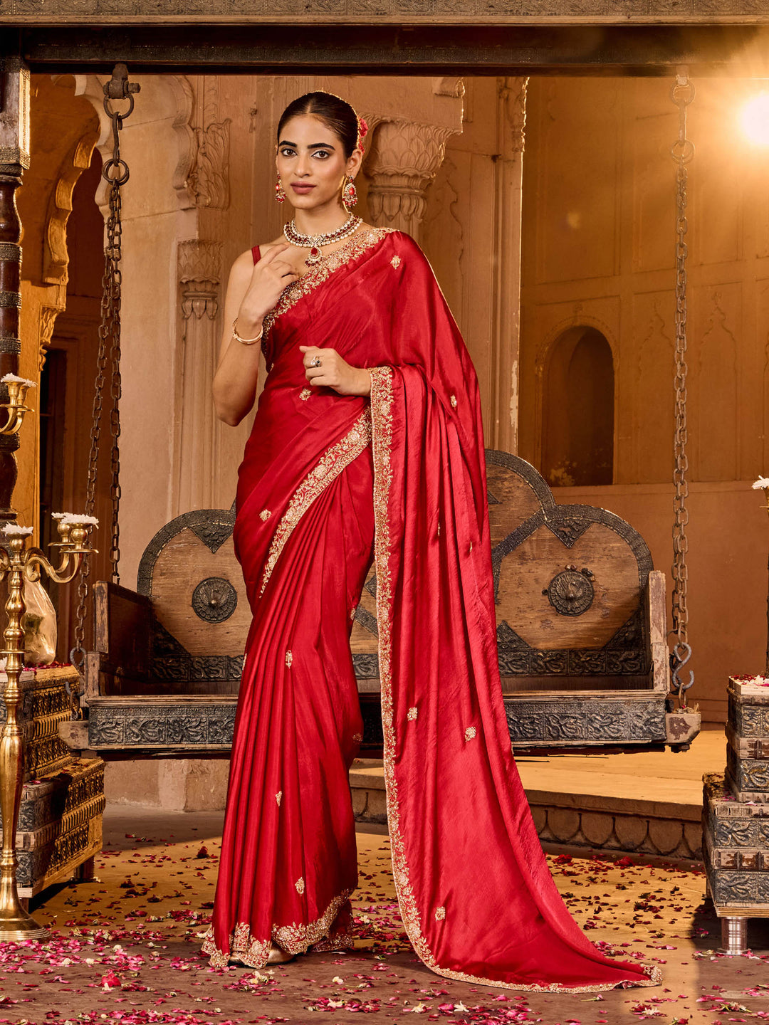 Hot Pink Chinon Embroidered Saree