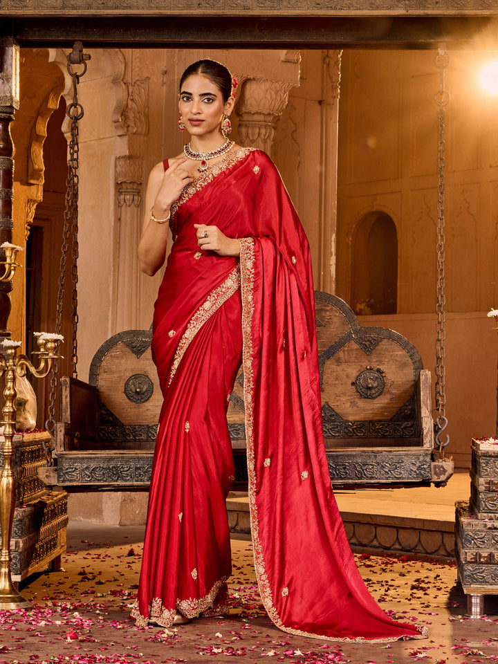 Hot Pink Chinon Embroidered Saree