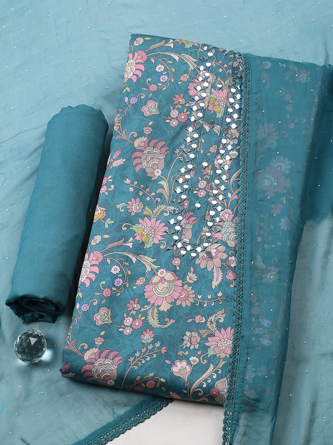 Embellished Cotton Blend Unstitched Suit With Pant &amp; Dupatta