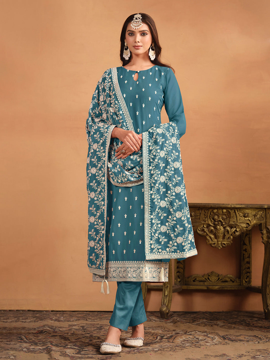 Embroidered Georgette Semi Stitched Kurta With Pant &amp; Dupatta