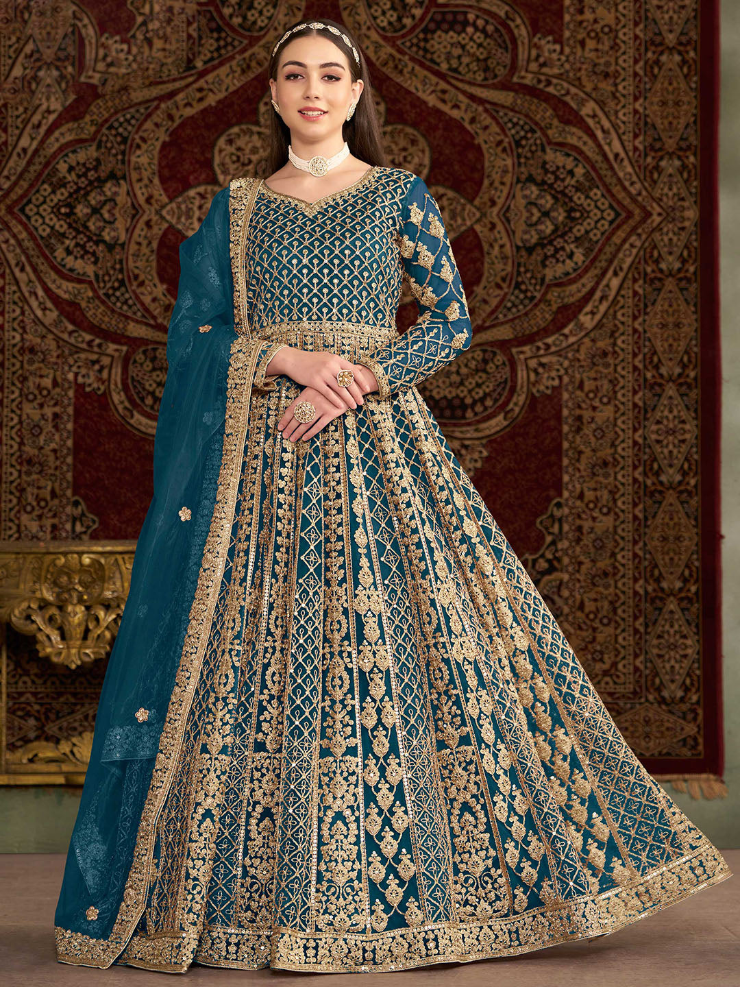 Embroidered Net Semi Stitched Gown With Dupatta