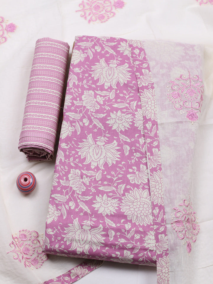 Printed Cotton Blend Unstitched Suit With Pant &amp; Dupatta