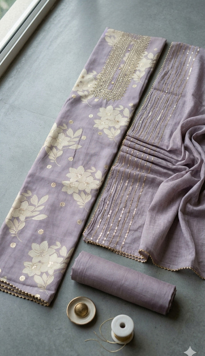 Embroidered Cotton Blend Unstitched Suit With Pant &amp; Dupatta