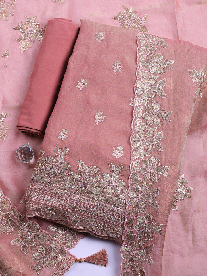 Embroidered Organza Unstitched Suit With Pant &amp; Dupatta