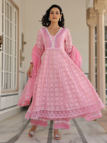 Cotton Blend Anarkali Embroidered Suit Set With Lace