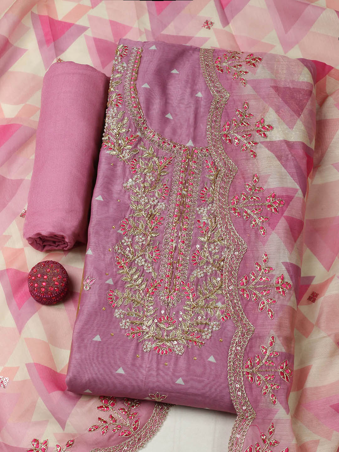 Embroidered Chanderi Unstitched Suit With Pant &amp; Dupatta