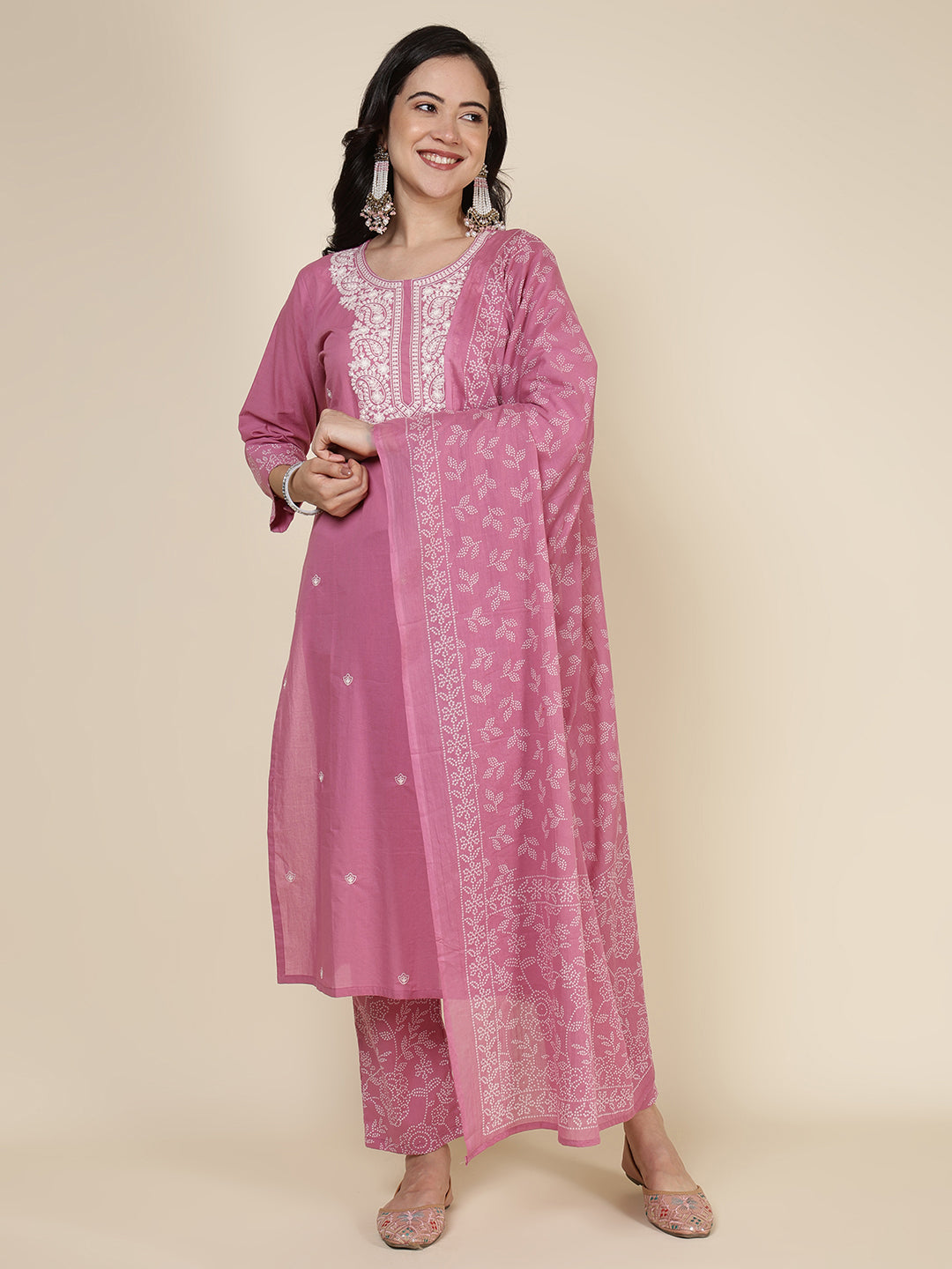 Embroidered Cotton Blend Kurta With Pants & Dupatta