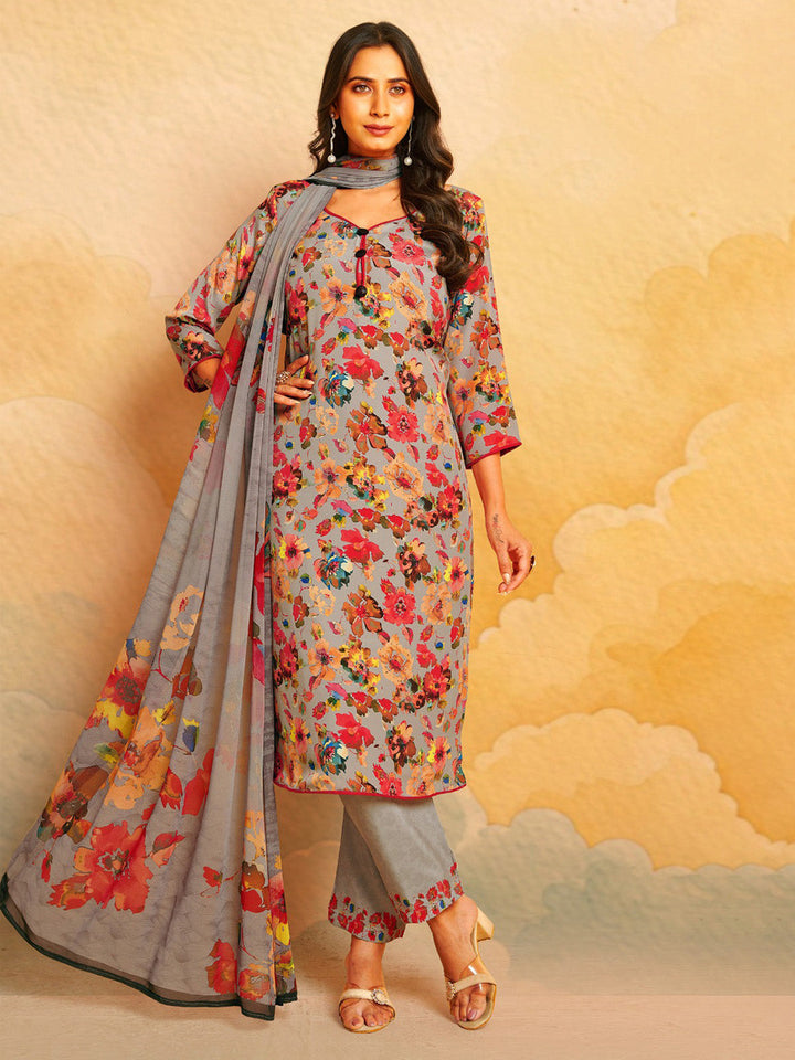 Printed Crepe Unstitched Suit With Pant &amp; Dupatta