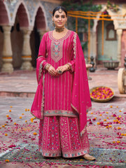 Embroidered Chinon Kurta With Plazzo & Dupatta