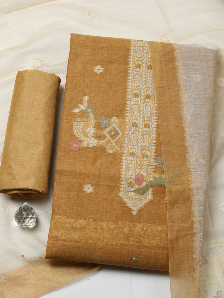Printed Chanderi Unstitched Suit With Pant &amp; Dupatta