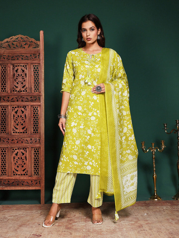 Printed Cotton Blend Kurta With Pant &amp; Dupatta