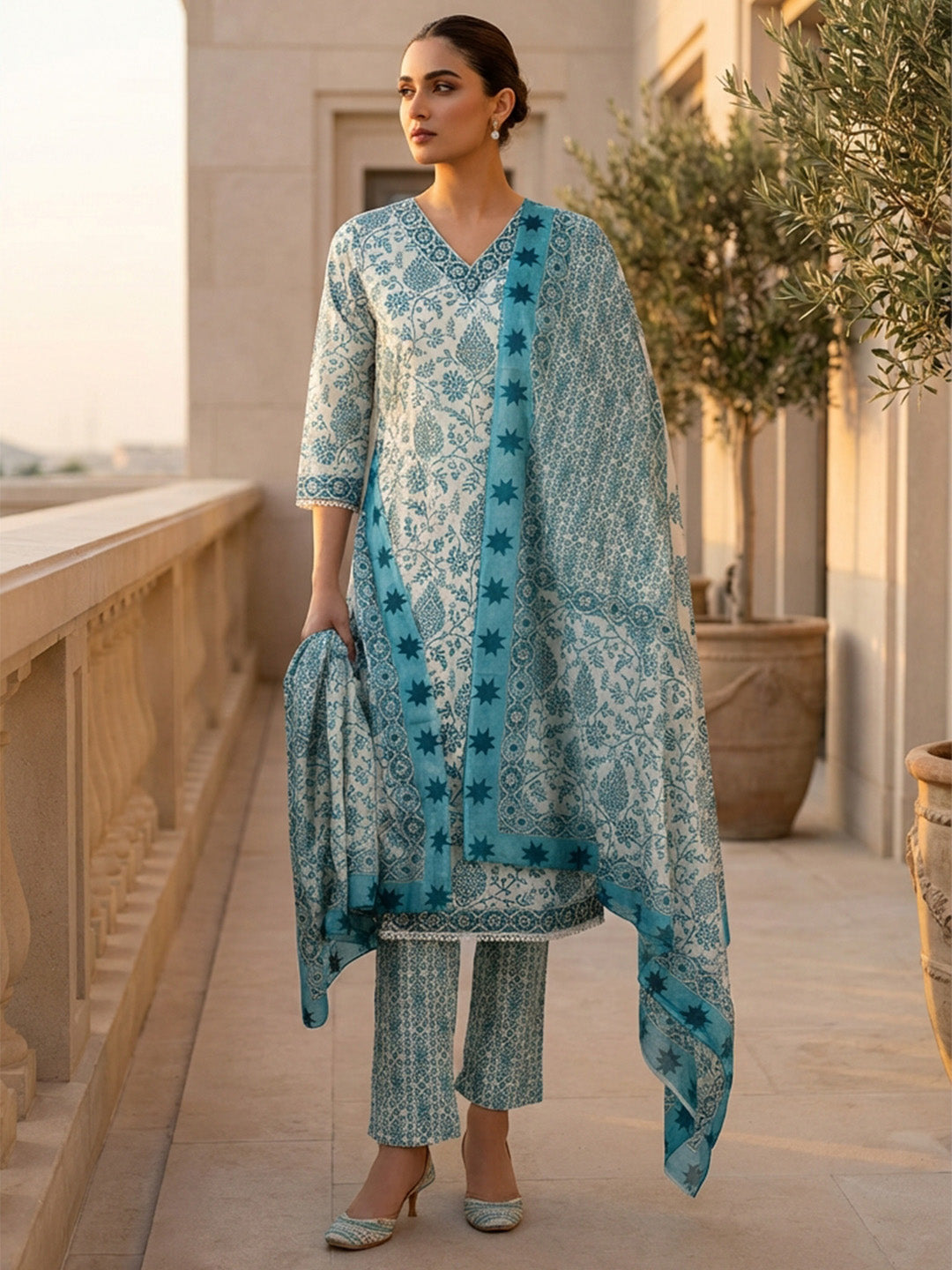 Printed Cotton Blend Suit With Pant &amp; Dupatta
