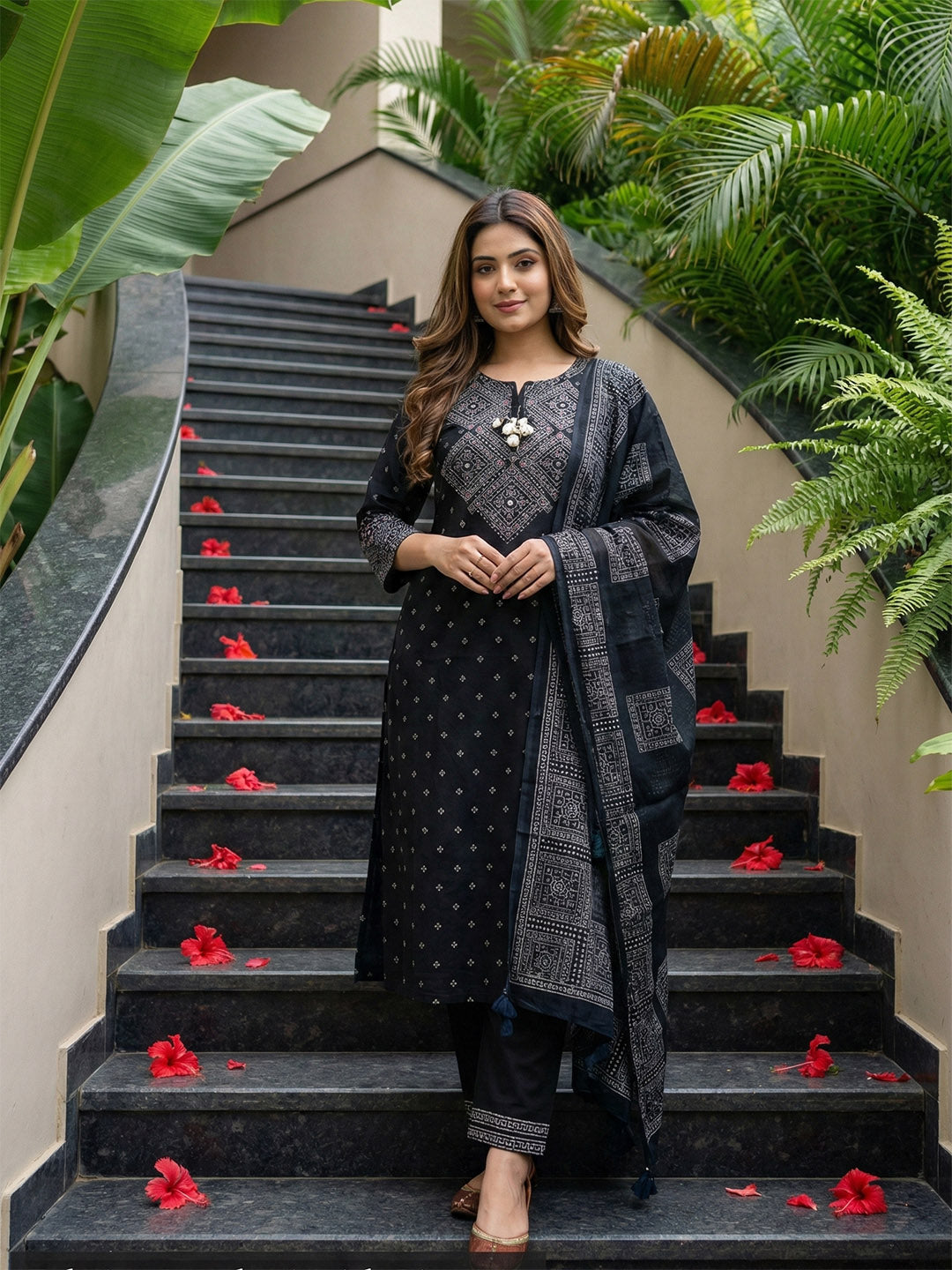 Embroidered Cotton Kurta With Pant &amp; Dupatta