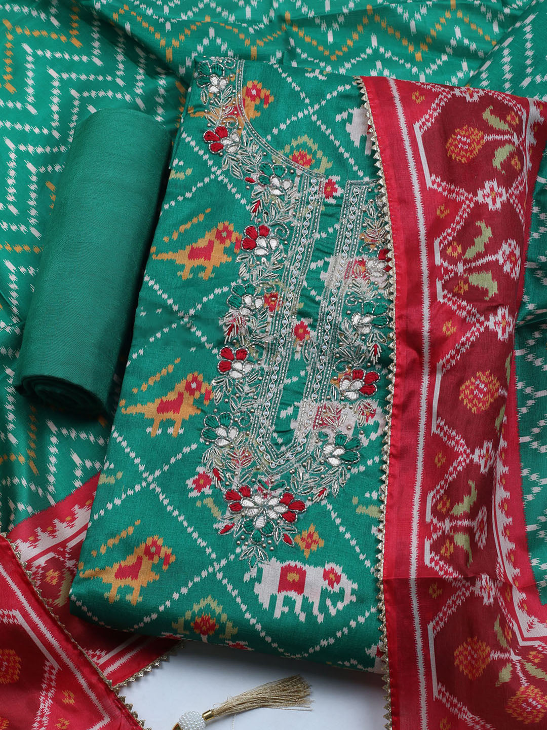 Patola Printed Tussar Unstitched Suit With Dupatta
