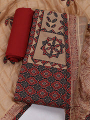 Embroidered Cotton Blend Black Beige Unstitched Suit With Pant & Dupatta