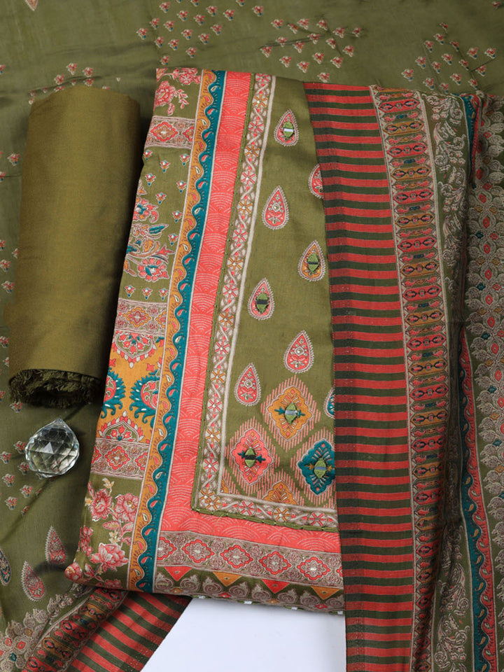 Printed Cotton Blend Unstitched Suit With Pant &amp; Dupatta