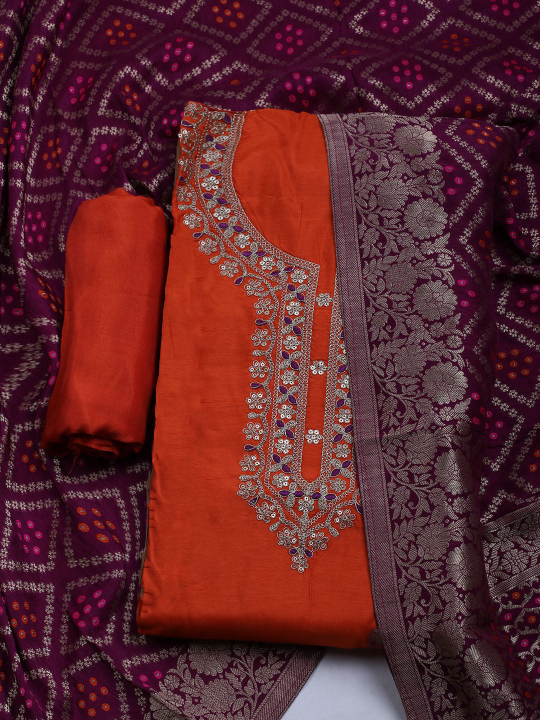 Embroidered Chanderi Unstitched Suit With Dupatta
