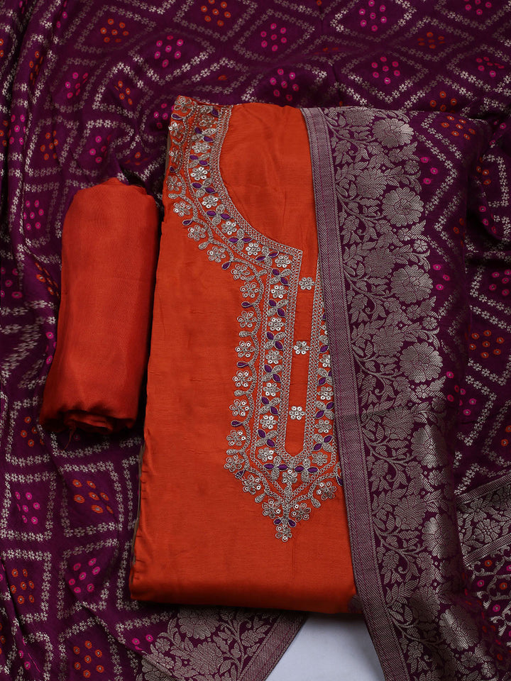 Embroidered Chanderi Unstitched Suit With Dupatta