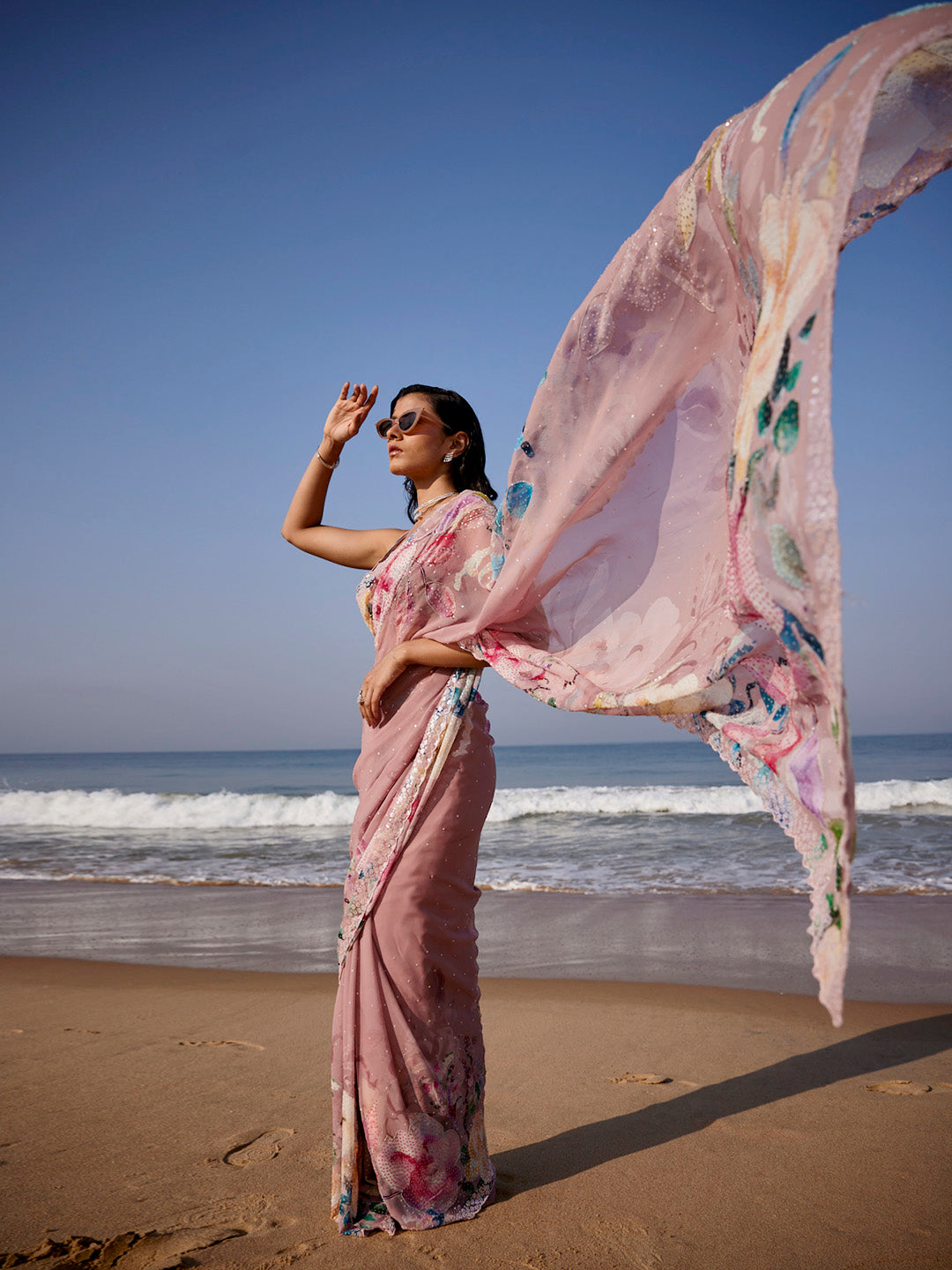 Sequin Work Printed Georgette Saree