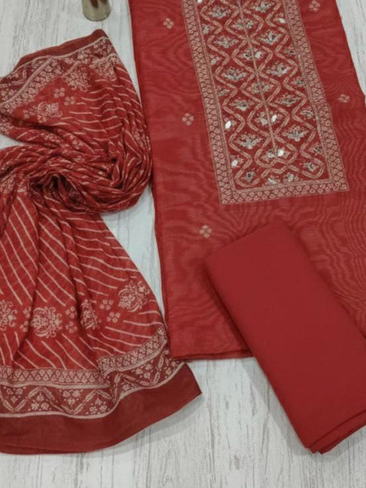 Embroidered Cotton Blend Unstitched Suit With Pant &amp; Dupatta