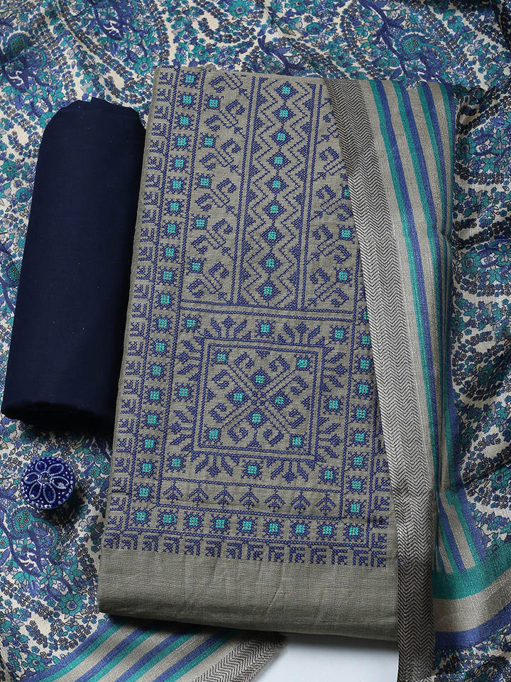 Embroidered Cotton Blend Unstitched Suit With Pant &amp; Dupatta