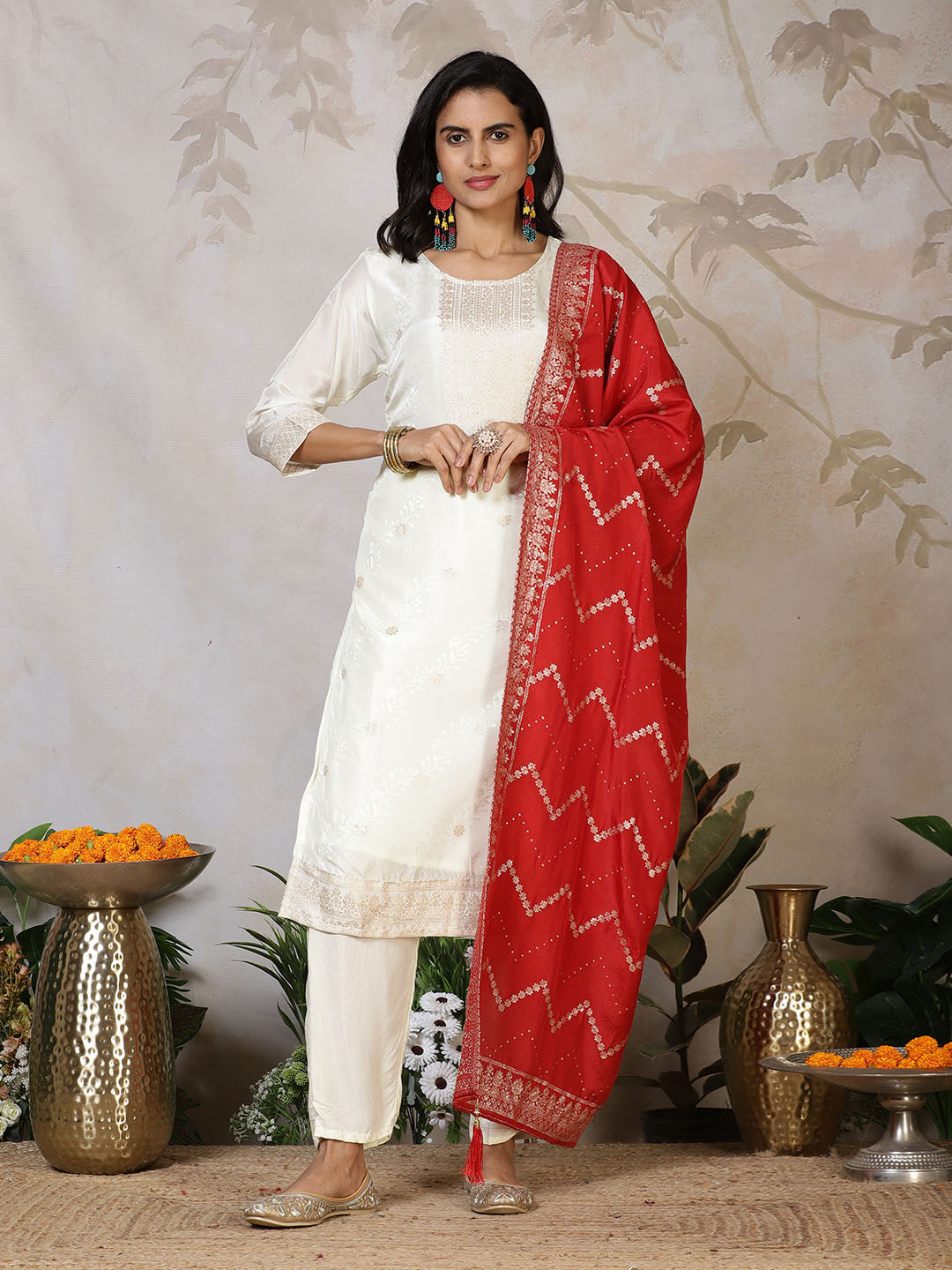 Banarasi Weave Tissue Kurta With Pants &amp; Dupatta