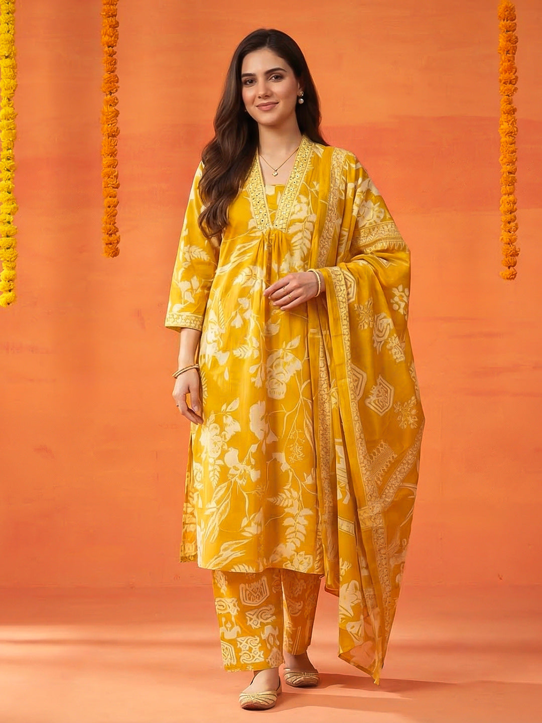 Printed Cotton Blend Kurta With Pant &amp; Dupatta