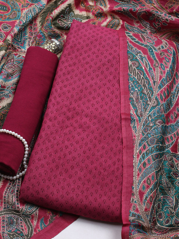 Printed Tussar Unstitched Kurta With Pant &amp; Dupatta