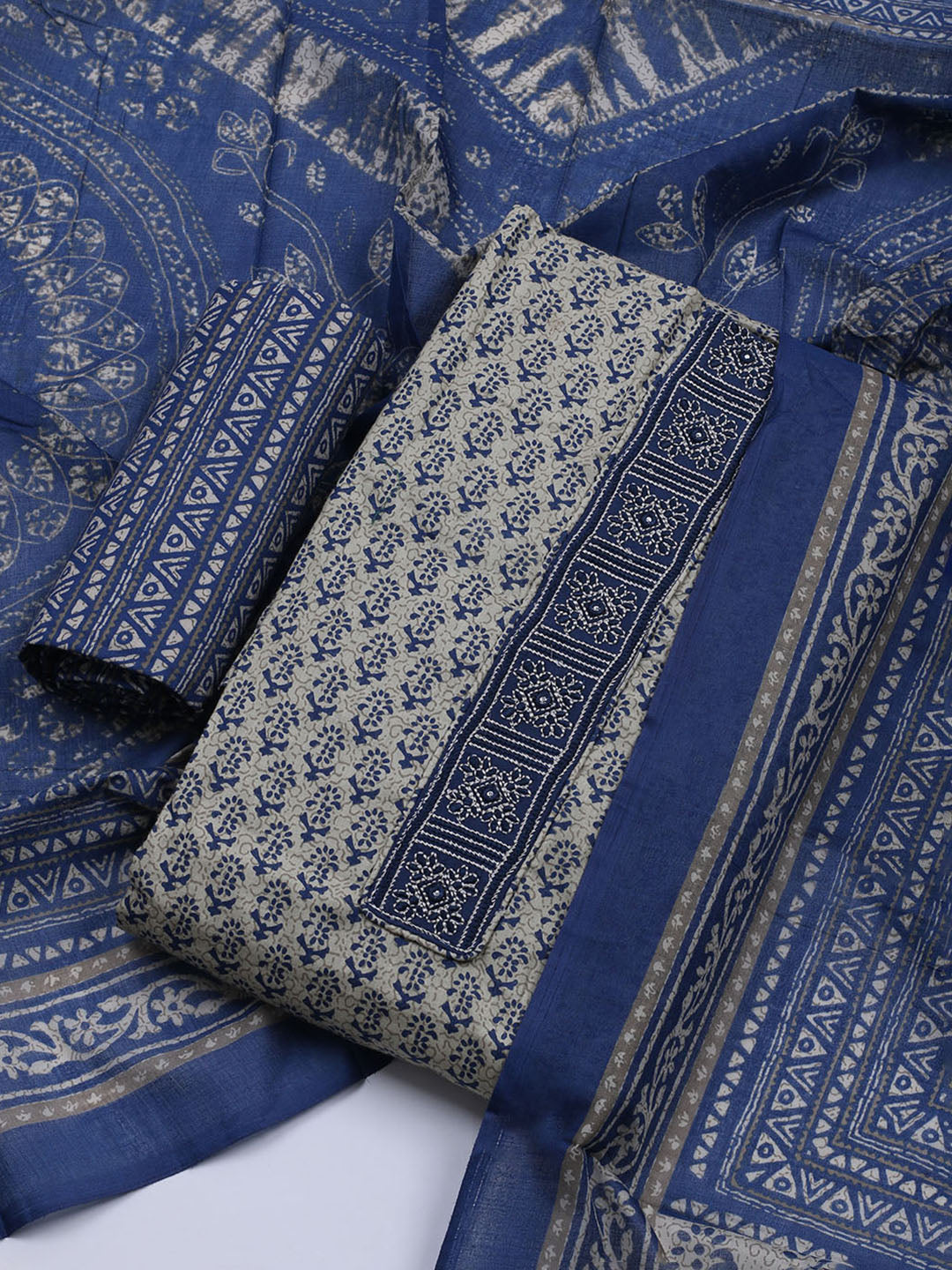 Patch Neck Cotton Blend Unstitched Suit With Dupatta