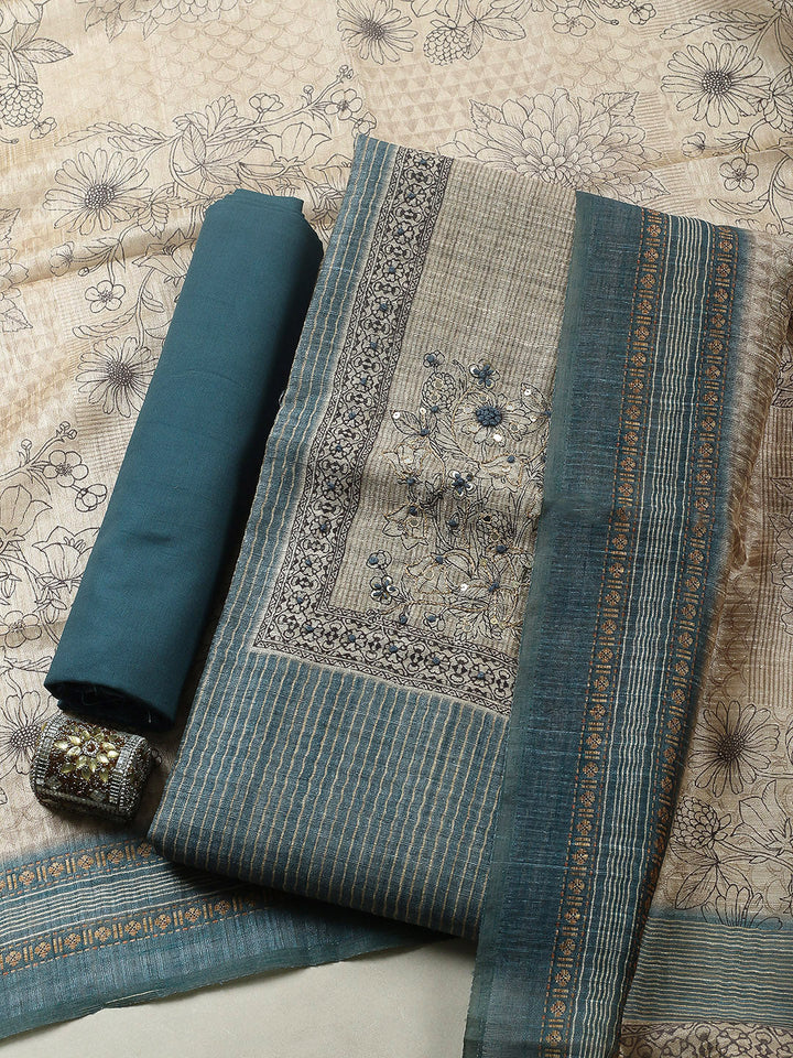 Embroidered Chanderi Unstitched Suit With Pant &amp; Dupatta