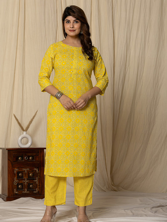 Printed Cotton Blend Kurta With Pants