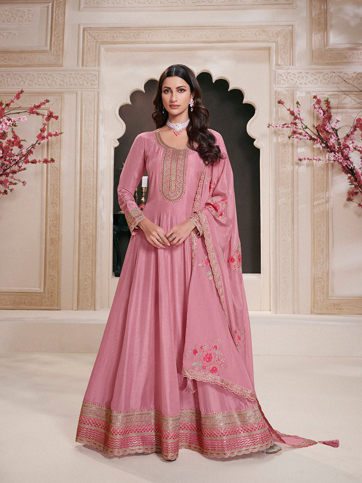 Embroidered Art Silk Unstitched Suit With Pant &amp; Dupatta