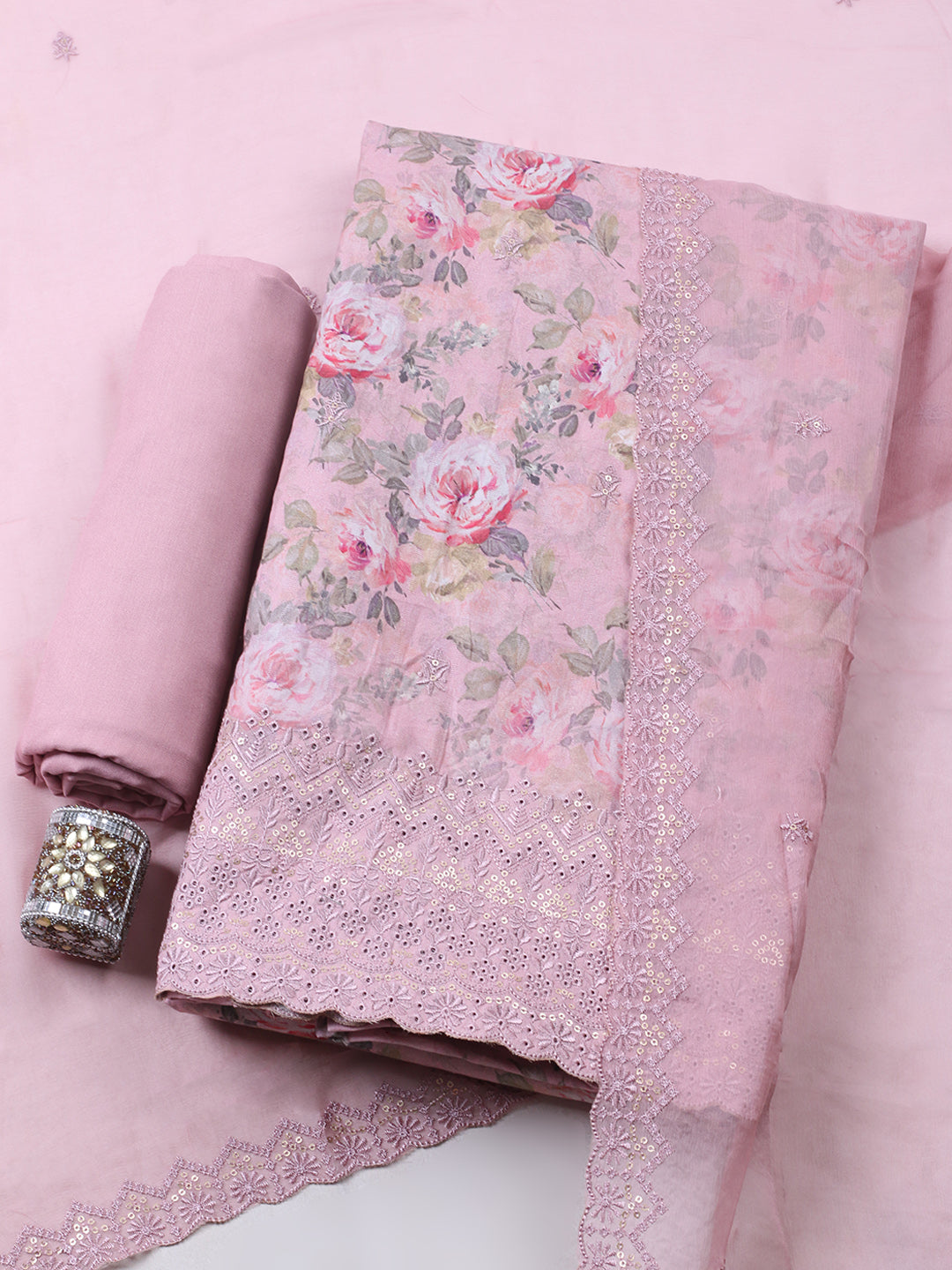Embroidered Chanderi Unstitched Suit With Pant &amp; Dupatta
