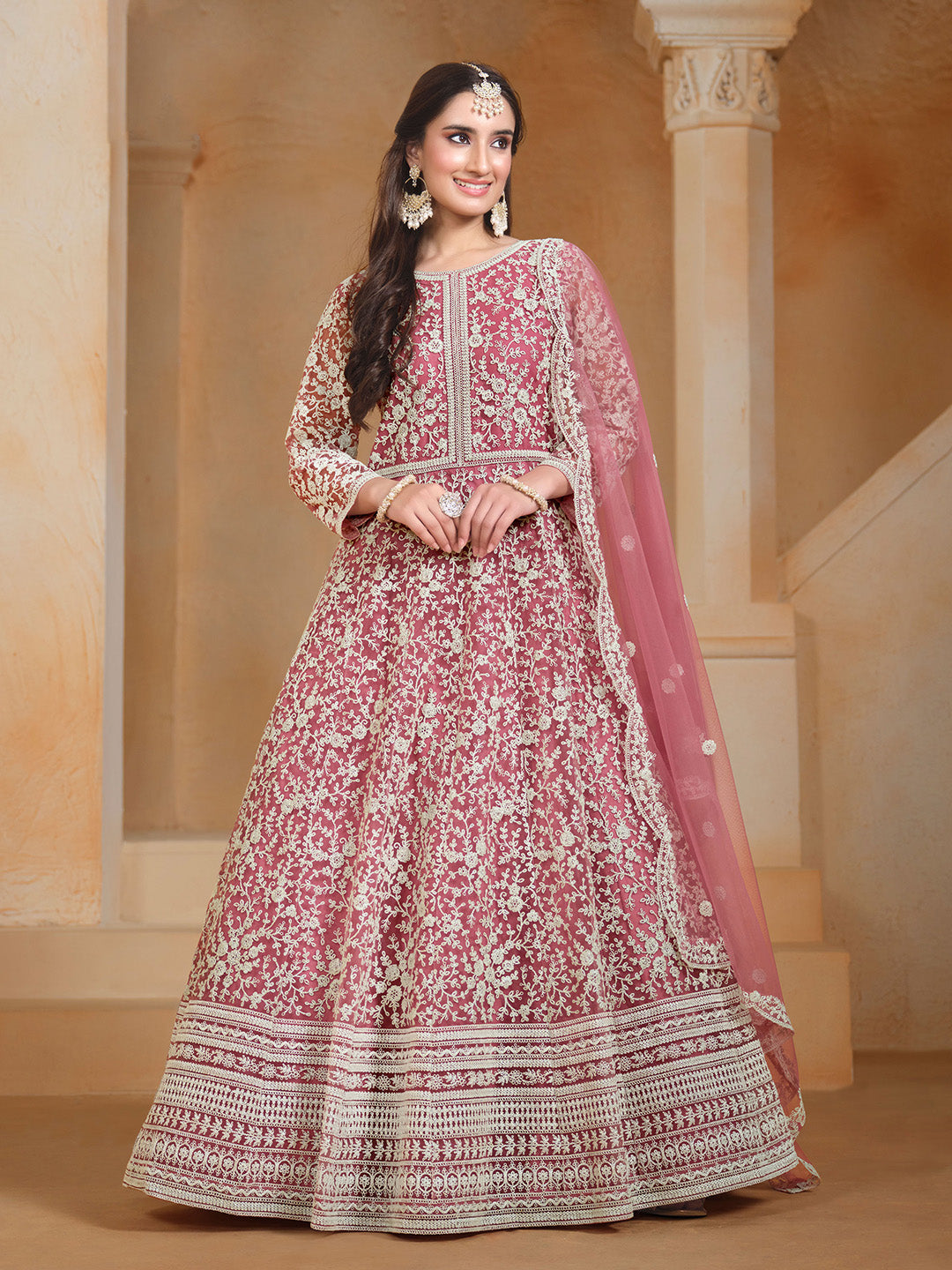 Embroidered Net Semi Stitched Kurta With Salwar &amp; Dupatta