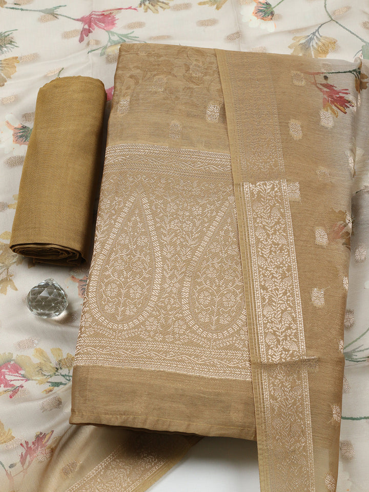 Embroidered Chanderi Unstitched Suit With Pant &amp; Dupatta