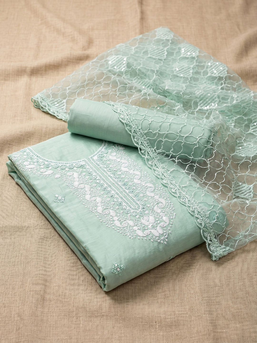 Neck Embroidered Chanderi Unstitched Suit With Dupatta