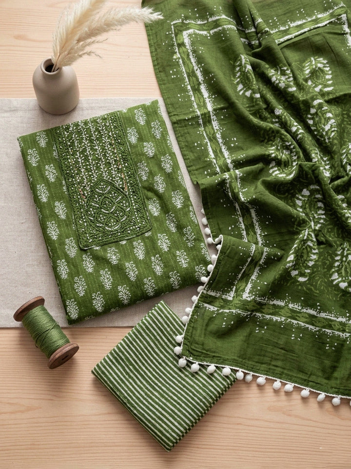 Embroidered Cotton Blend Unstitched Suit With Pant &amp; Dupatta
