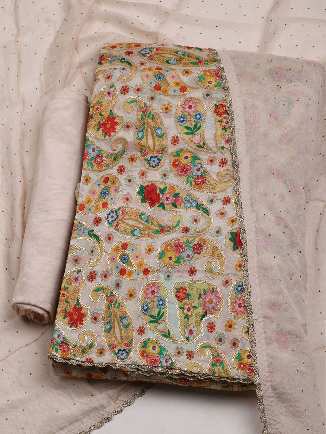 Embroidered Chinon Unstitched Suit With Dupatta