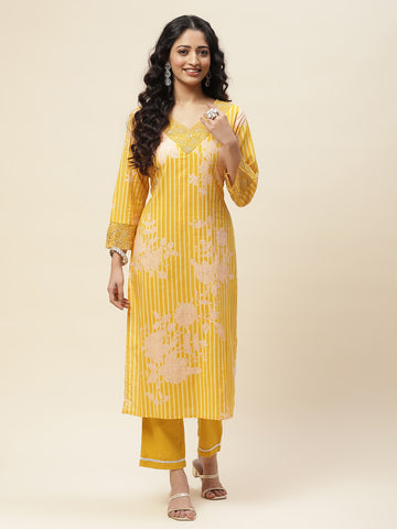 Printed Cotton Kurta With Pants Straight