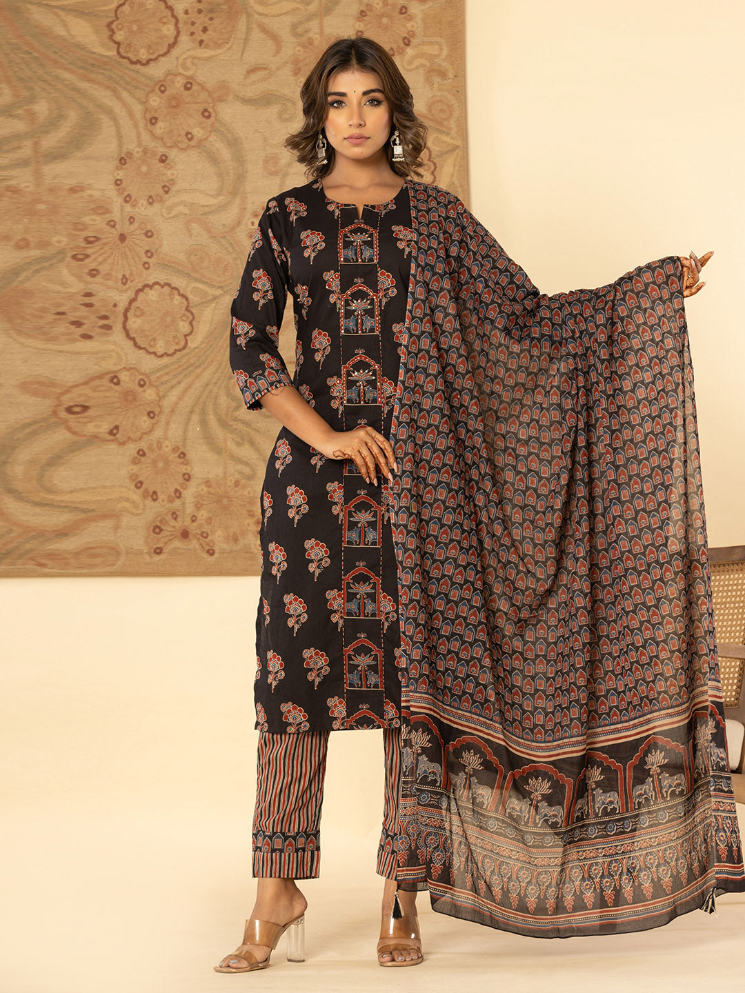 Printed Cotton Blend Kurta With Pants & Dupatta