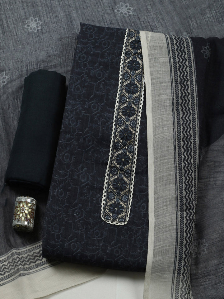 Embroidered Linen Blend Unstitched Suit With Pant Dupatta