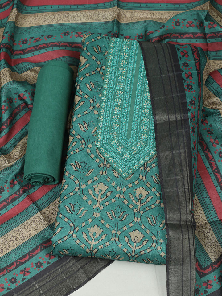 Embroidered Chanderi Unstitched Suit With Pant &amp; Dupatta