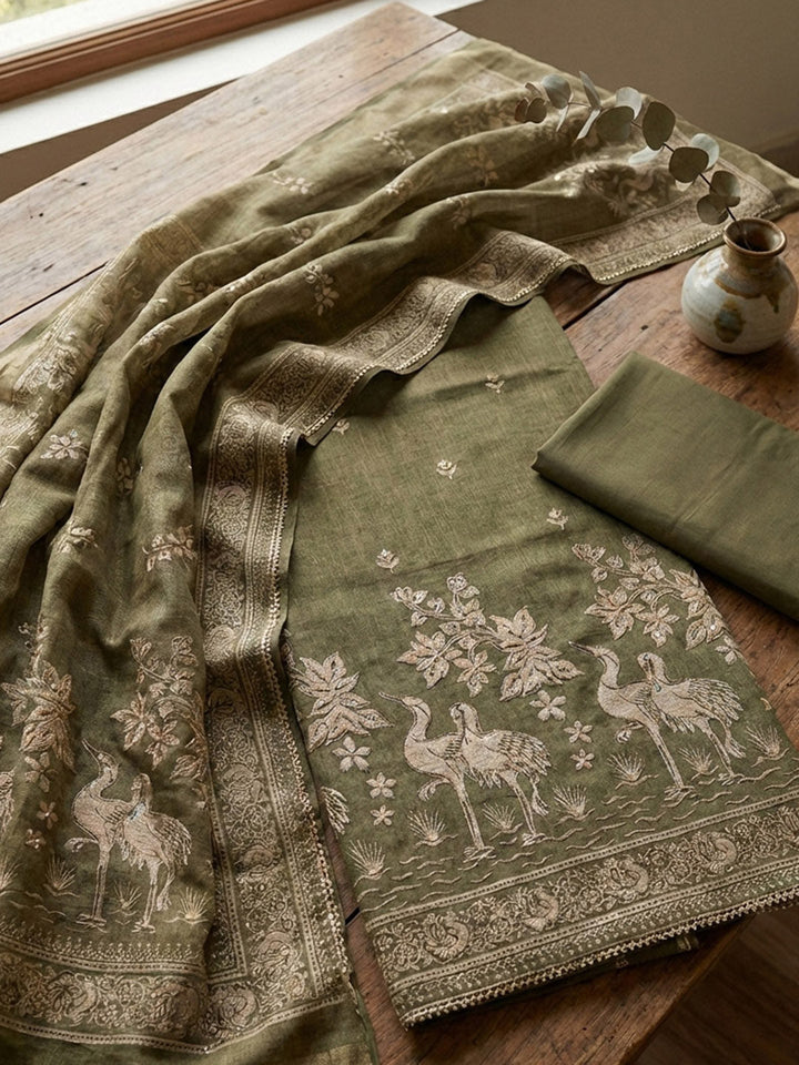 Printed Chanderi Unstitched Suit With Pant &amp; Dupatta