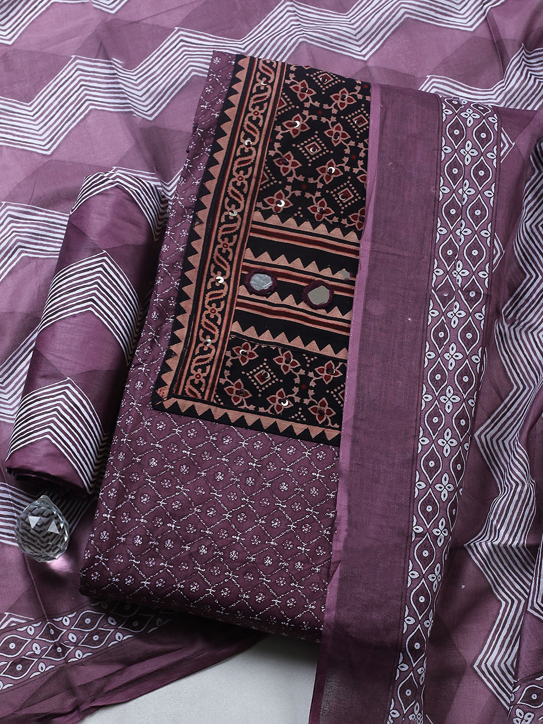 Printed Cotton Blend Unstitched Suit With Pant &amp; Dupatta