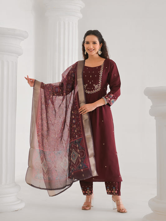 Neck Embroidery Cotton Blend Kurta With Pants & Dupatta