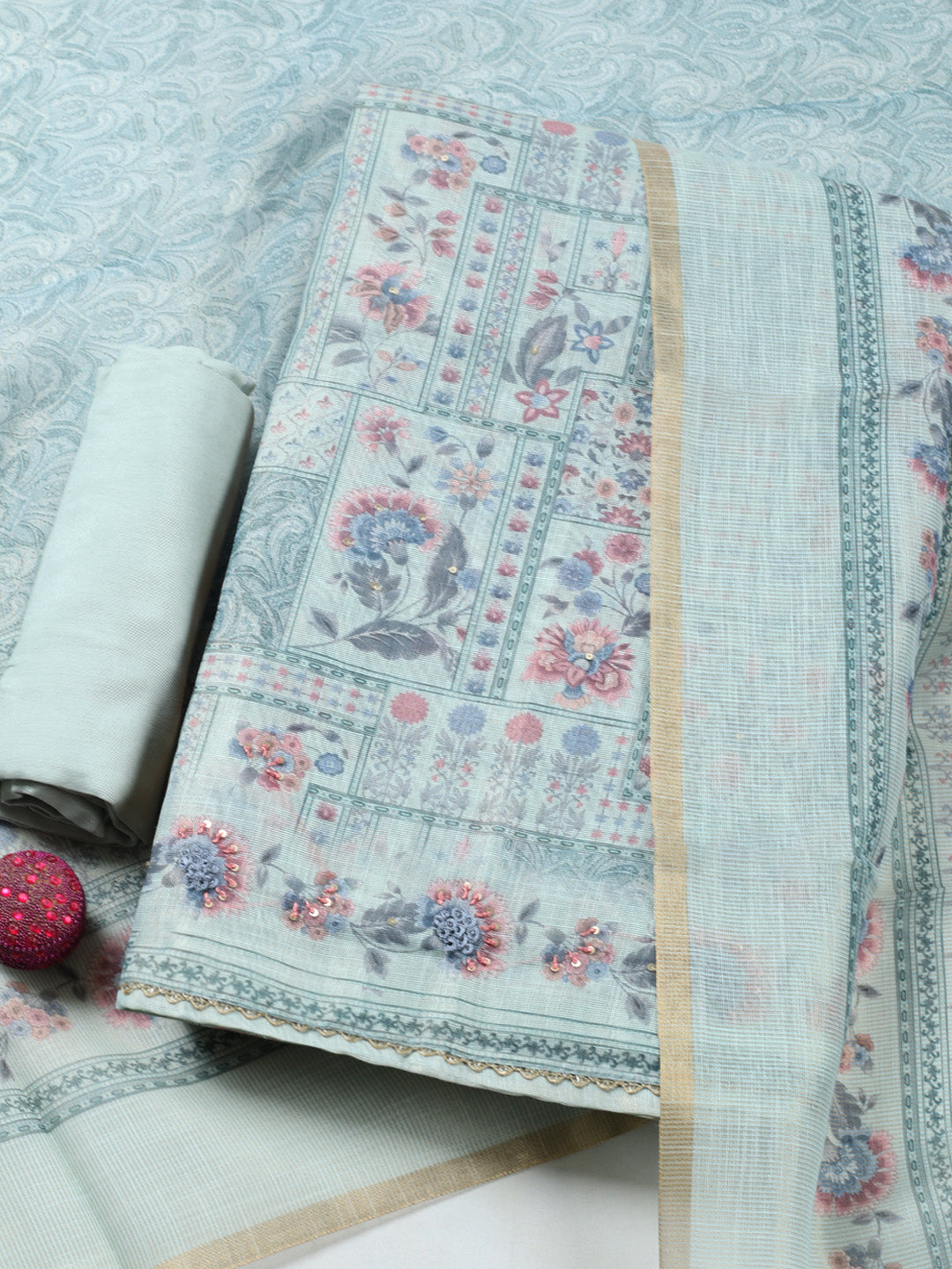 Printed Linen Blend Unstitched Suit With Pant &amp; Dupatta
